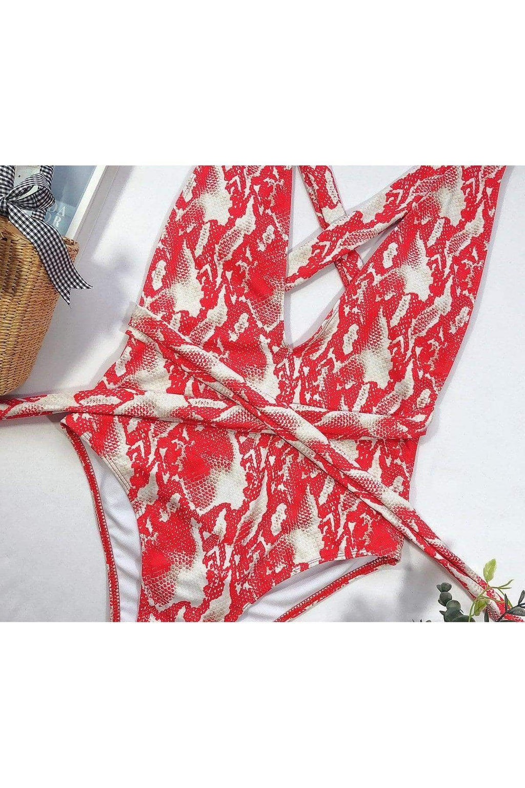 Danielle Halter Neck Deep V Tied One-Piece Swimsuit, Multiple Colors in - Swimwear photo