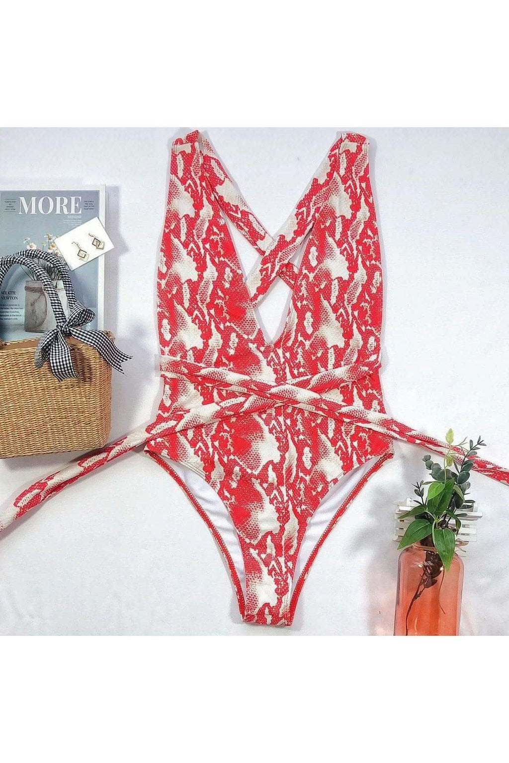 Danielle Halter Neck Deep V Tied One-Piece Swimsuit, Multiple Colors in - Swimwear photo