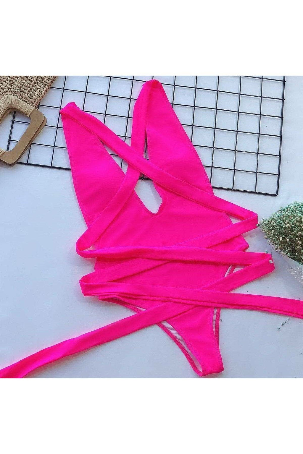 Danielle Halter Neck Deep V Tied One-Piece Swimsuit, Multiple Colors in - Swimwear photo