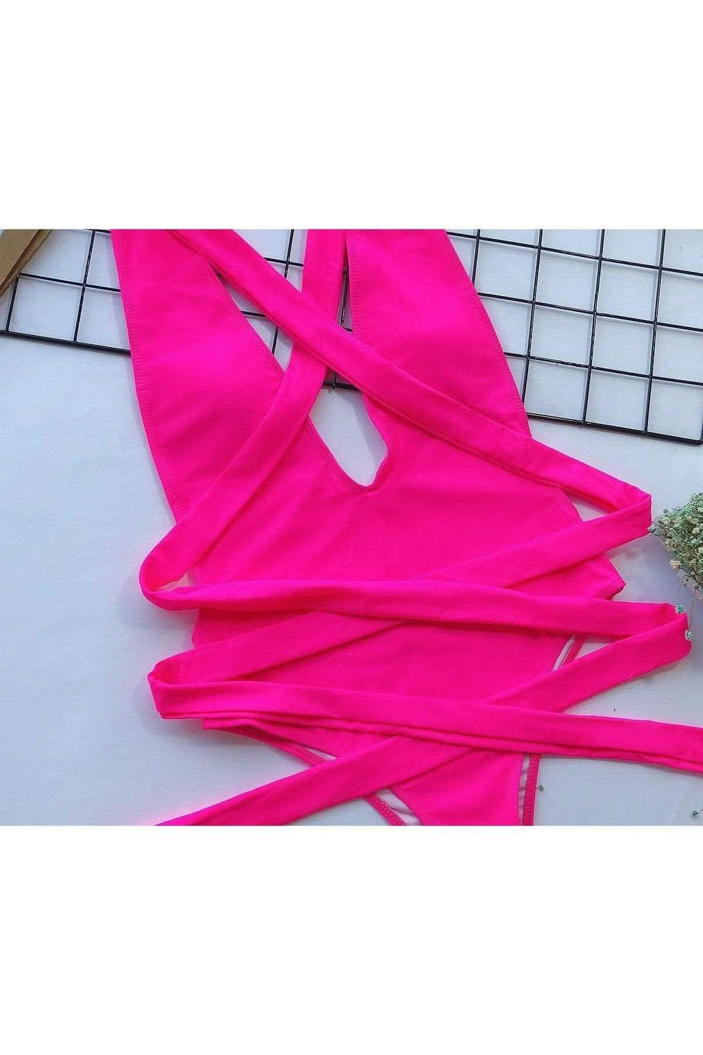 Danielle Halter Neck Deep V Tied One-Piece Swimsuit, Multiple Colors in - Swimwear photo