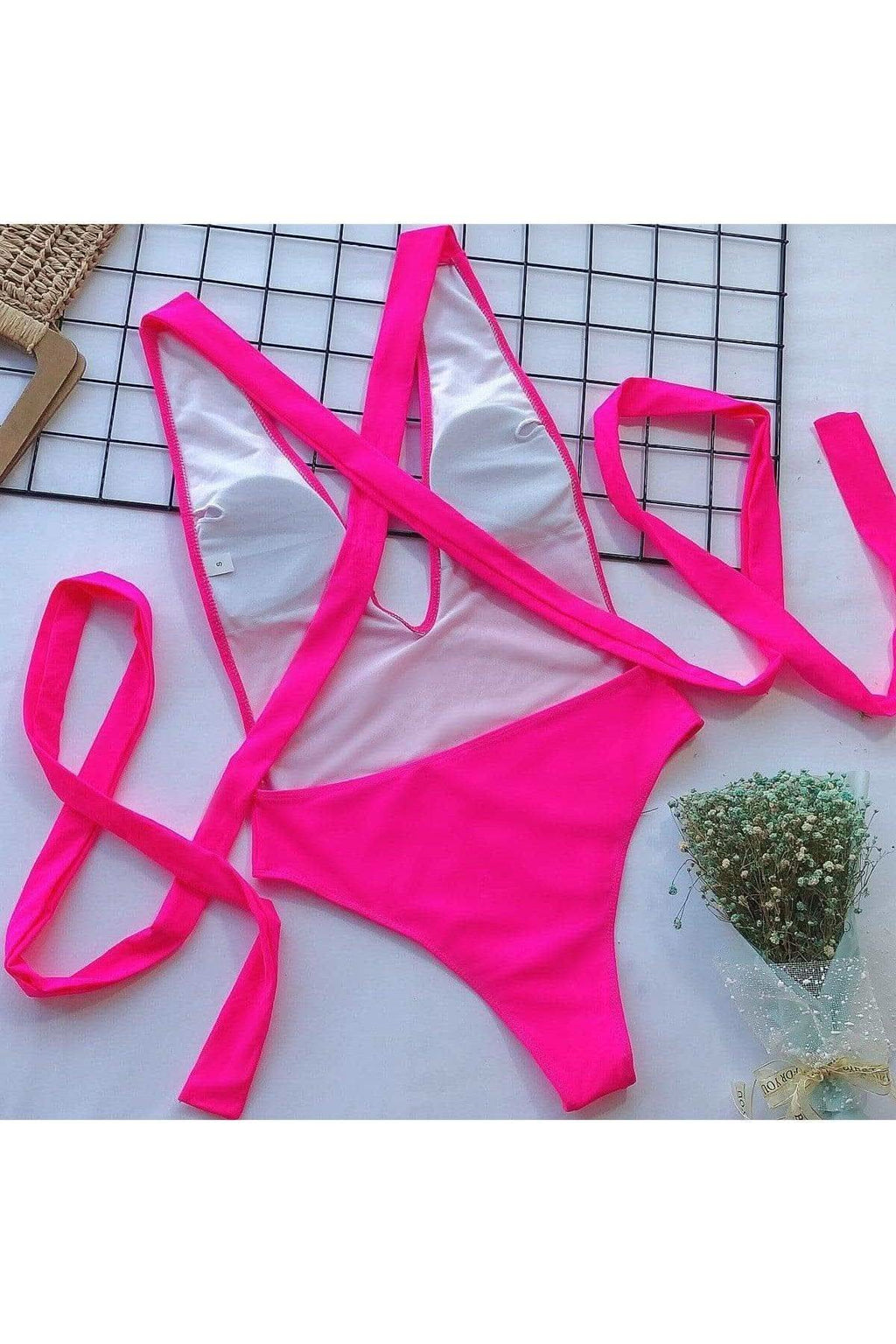 Danielle Halter Neck Deep V Tied One-Piece Swimsuit, Multiple Colors in - Swimwear photo
