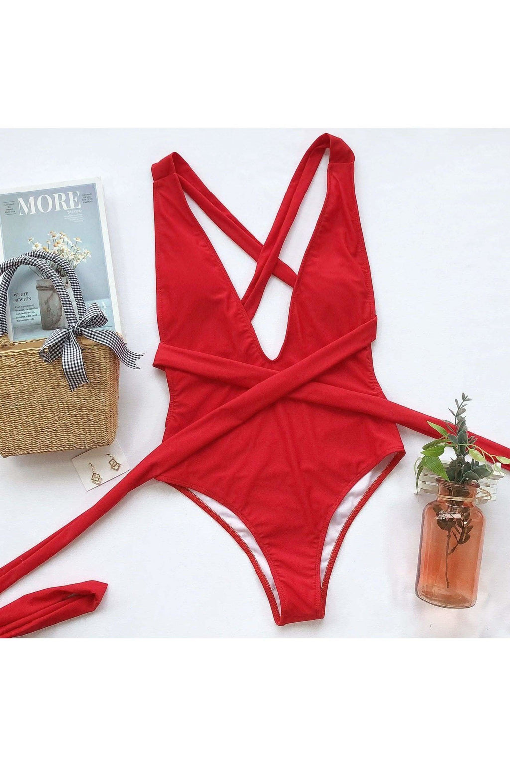 Danielle Halter Neck Deep V Tied One-Piece Swimsuit, Multiple Colors in - Swimwear photo