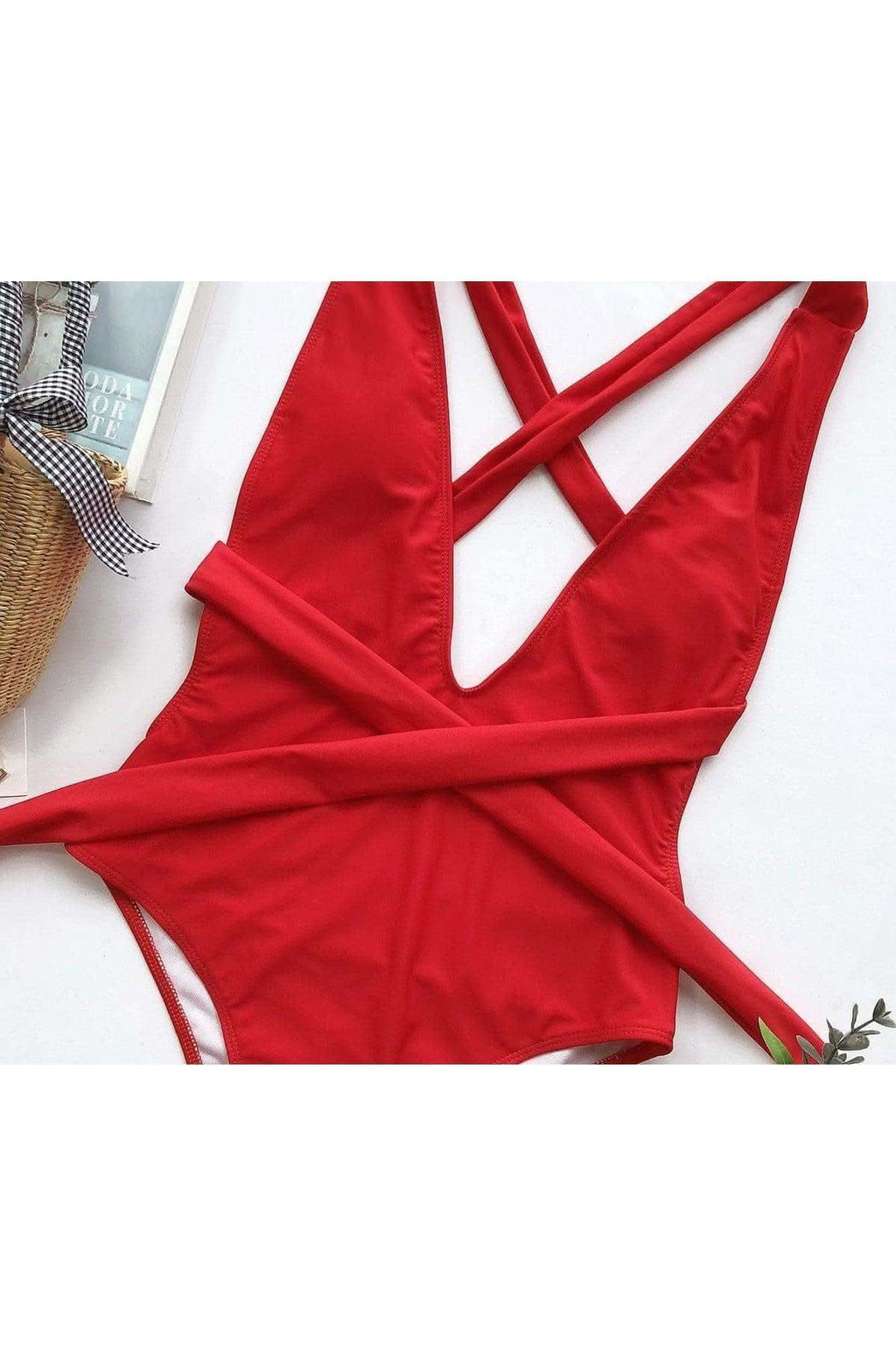 Danielle Halter Neck Deep V Tied One-Piece Swimsuit, Multiple Colors in - Swimwear photo
