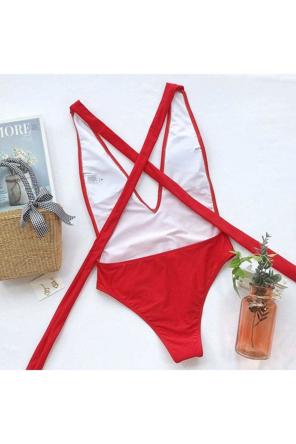 Danielle Halter Neck Deep V Tied One-Piece Swimsuit, Multiple Colors in - Swimwear photo