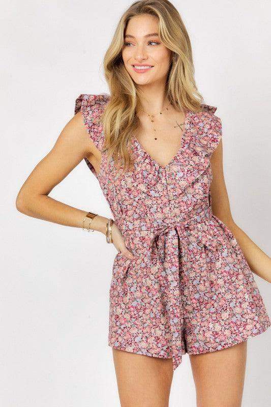 DAVI & DANI Printed Button Down V Neck Mini Romper - SwagglyLife Home & Fashion DAVI & DANI Printed Button Down V Neck Mini Romper - SwagglyLife Home & Fashion
