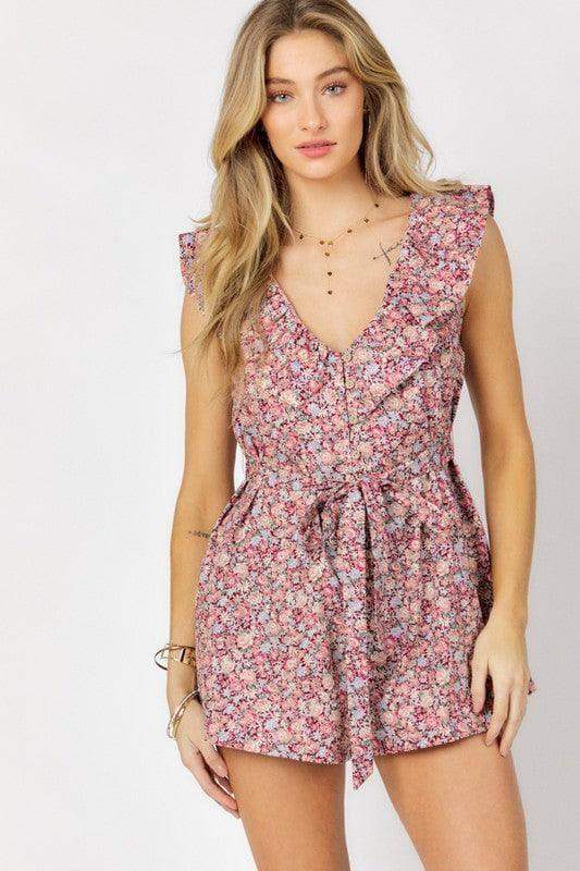 DAVI & DANI Printed Button Down V Neck Mini Romper - SwagglyLife Home & Fashion