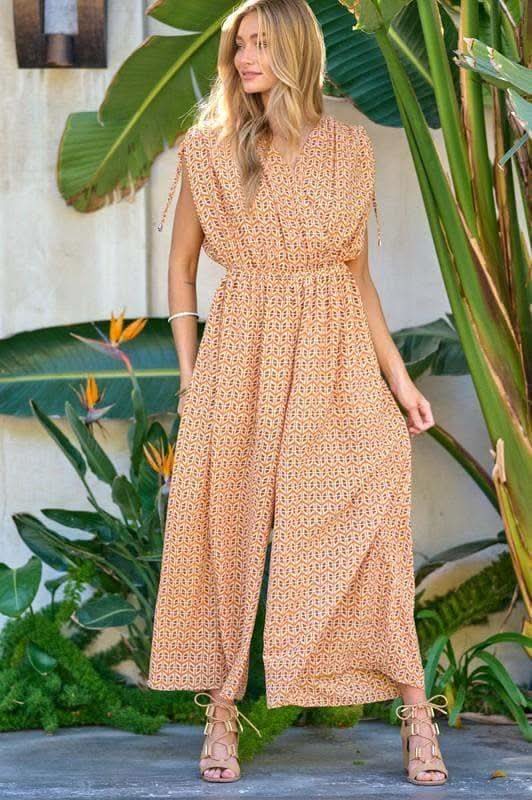 DAVI & DANI Printed V Neck Sleeveless Jumpsuit - SwagglyLife Home & Fashion DAVI & DANI Printed V Neck Sleeveless Jumpsuit - SwagglyLife Home & Fashion