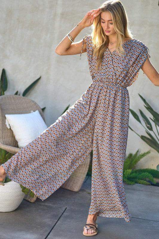 DAVI & DANI Printed V Neck Sleeveless Jumpsuit - SwagglyLife Home & Fashion DAVI & DANI Printed V Neck Sleeveless Jumpsuit - SwagglyLife Home & Fashion