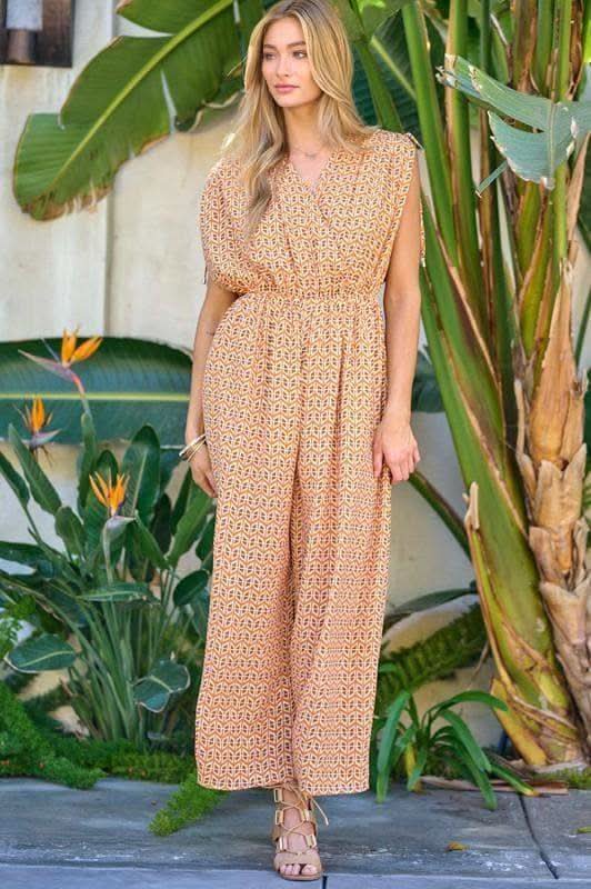 DAVI & DANI Printed V Neck Sleeveless Jumpsuit - SwagglyLife Home & Fashion DAVI & DANI Printed V Neck Sleeveless Jumpsuit - SwagglyLife Home & Fashion