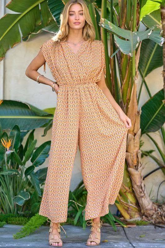 DAVI & DANI Printed V Neck Sleeveless Jumpsuit - SwagglyLife Home & Fashion DAVI & DANI Printed V Neck Sleeveless Jumpsuit - SwagglyLife Home & Fashion