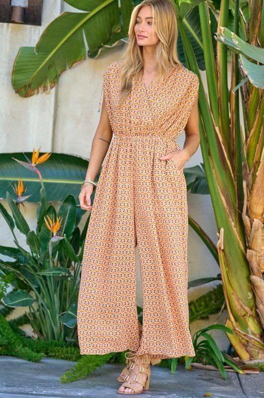 DAVI & DANI Printed V Neck Sleeveless Jumpsuit - SwagglyLife Home & Fashion DAVI & DANI Printed V Neck Sleeveless Jumpsuit - SwagglyLife Home & Fashion
