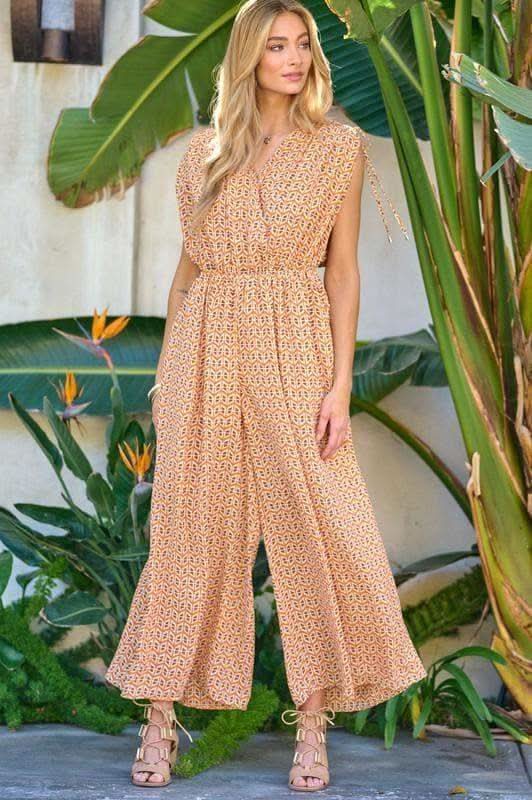 DAVI & DANI Printed V Neck Sleeveless Jumpsuit - SwagglyLife Home & Fashion DAVI & DANI Printed V Neck Sleeveless Jumpsuit - SwagglyLife Home & Fashion