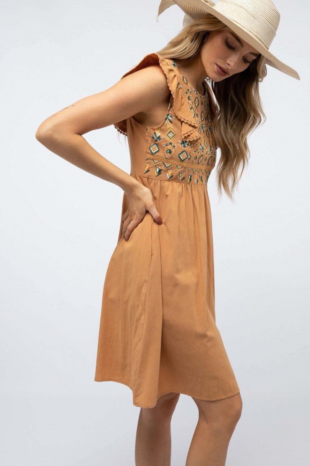 DAVI & DANI Solid Round Neck Embroidered Mini Dress - SwagglyLife Home & Fashion