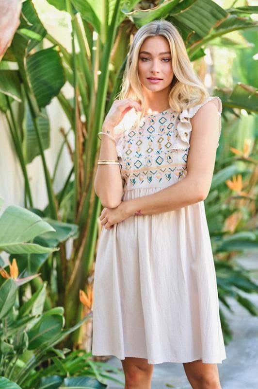 DAVI & DANI Solid Round Neck Embroidered Mini Dress - SwagglyLife Home & Fashion