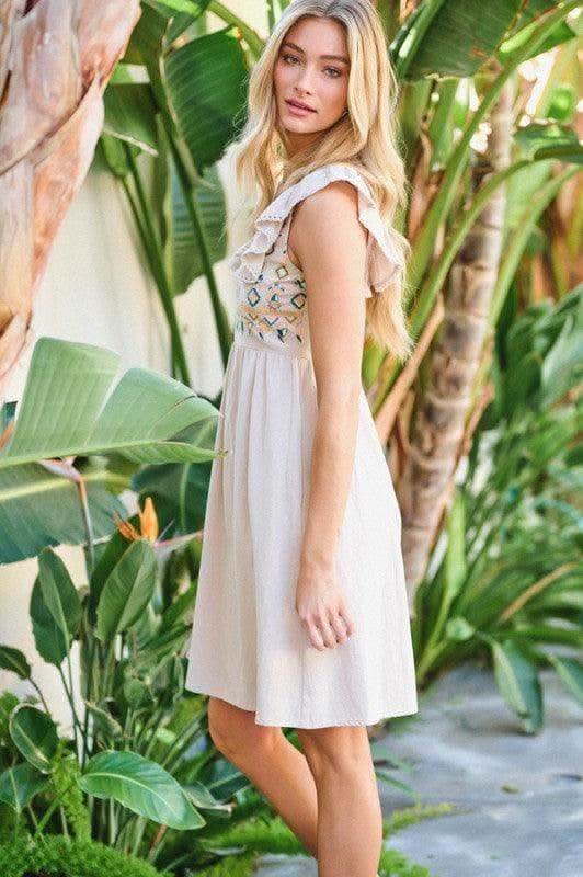 DAVI & DANI Solid Round Neck Embroidered Mini Dress - SwagglyLife Home & Fashion