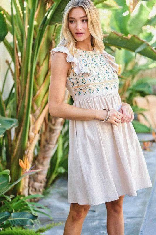 DAVI & DANI Solid Round Neck Embroidered Mini Dress - SwagglyLife Home & Fashion