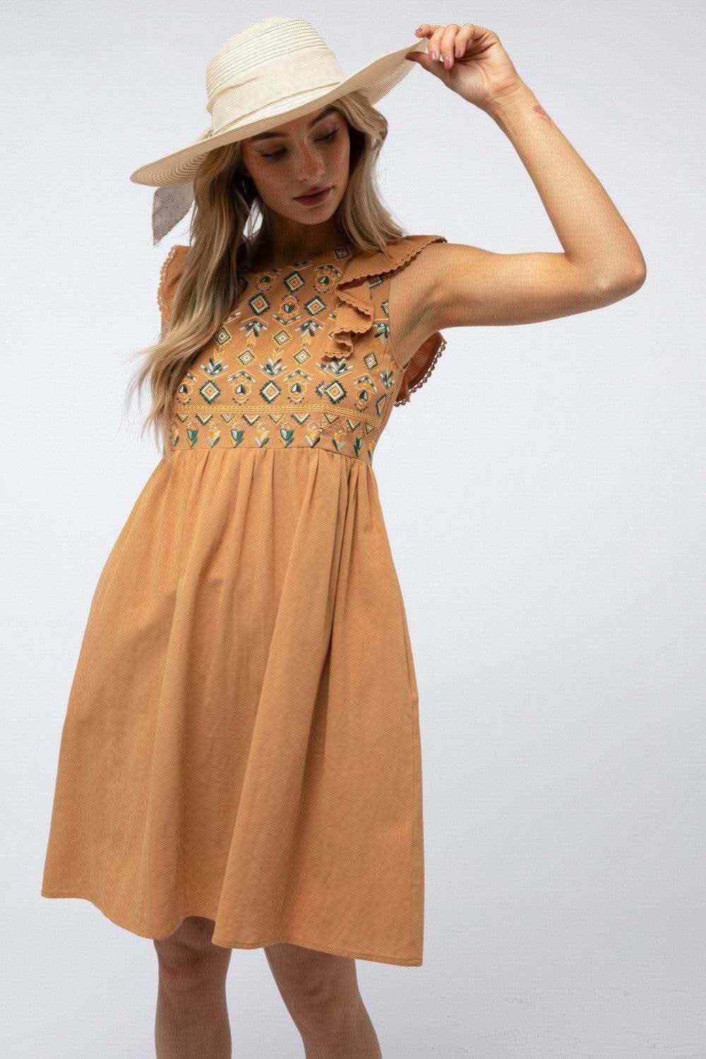 DAVI & DANI Solid Round Neck Embroidered Mini Dress - SwagglyLife Home & Fashion