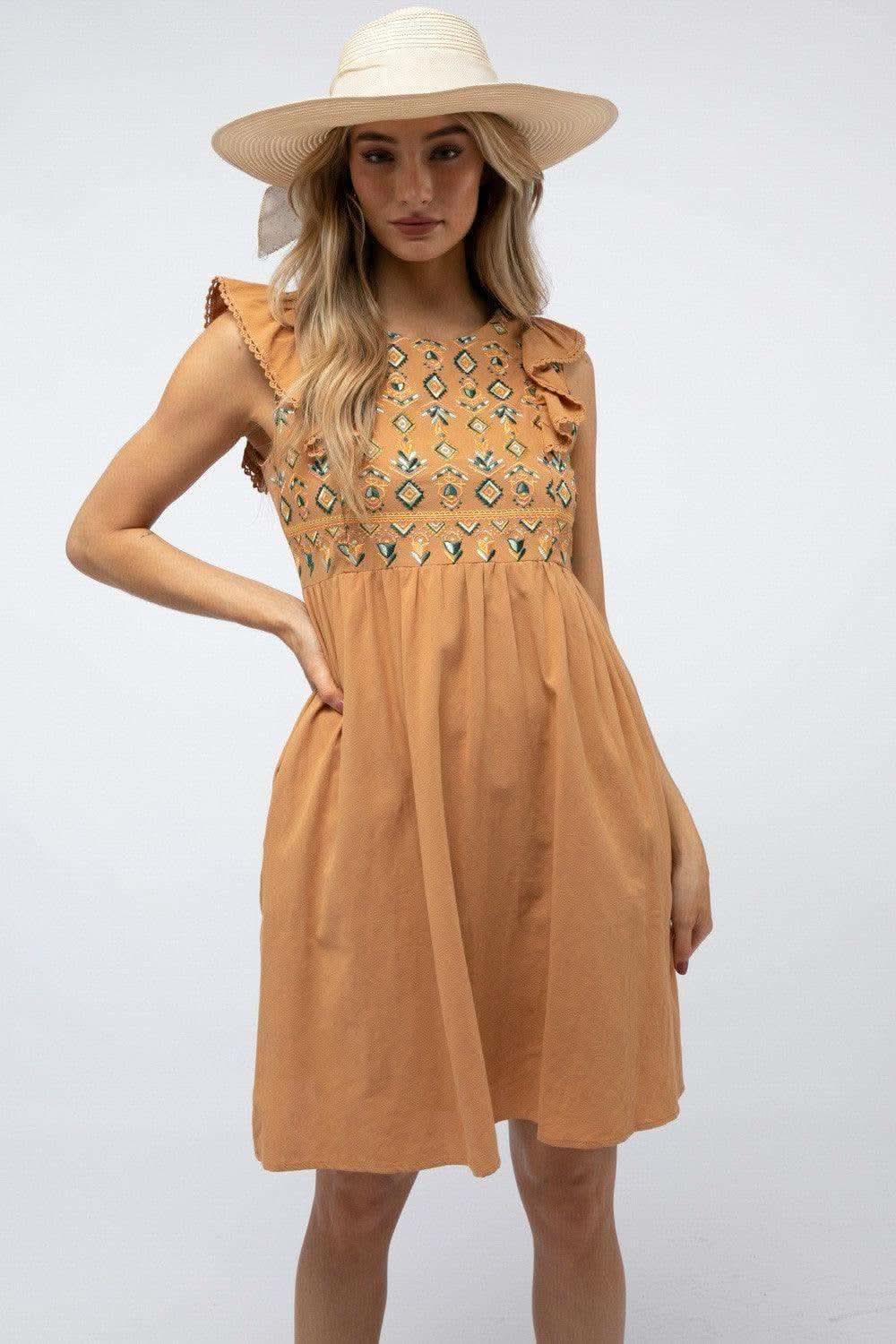 DAVI & DANI Solid Round Neck Embroidered Mini Dress - SwagglyLife Home & Fashion