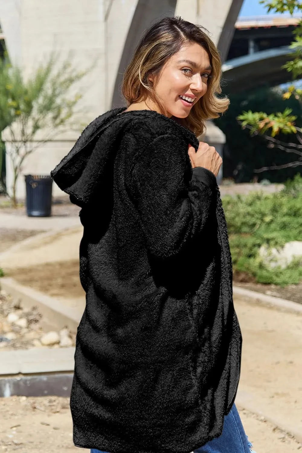 Double Take Full Size Hooded Teddy Bear Jacket with Thumbholes in - photo
