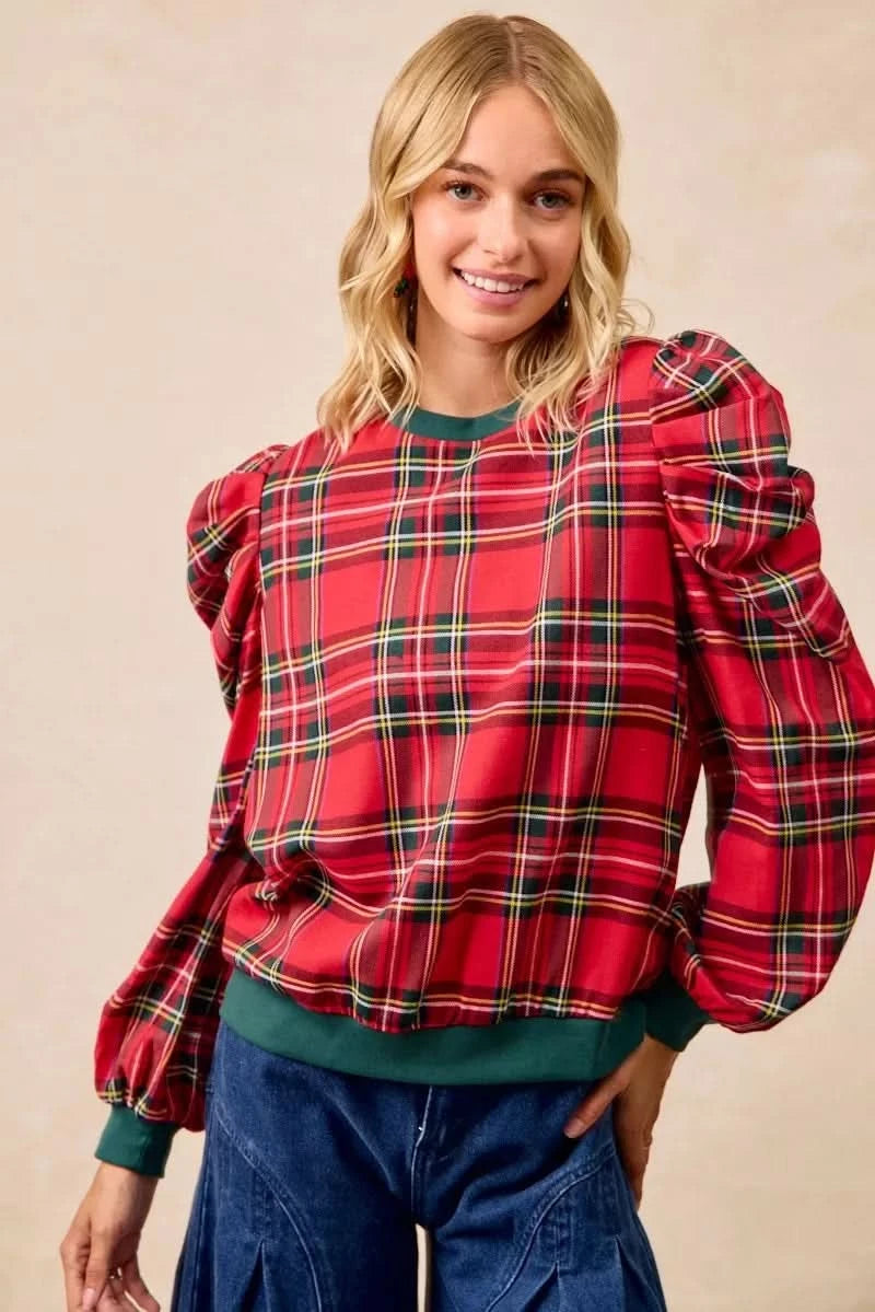 BiBi Christmas Plaid Exaggerated Shoulder Sleeves Top in - photo