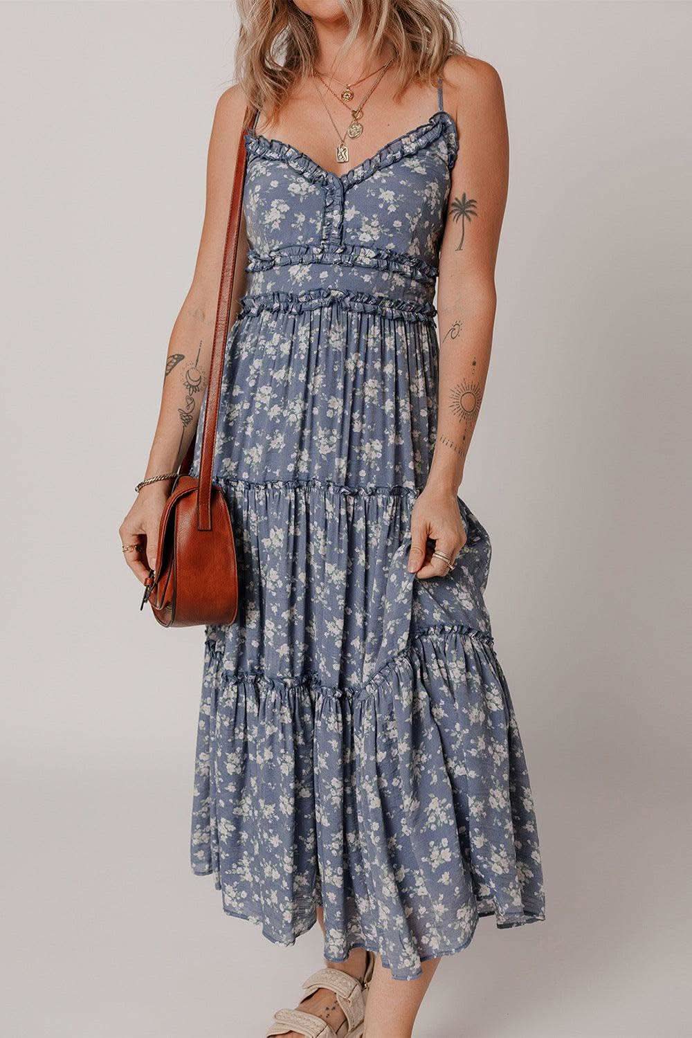 Floral Spaghetti Strap Frilled V Neck Tiered Midi Dress in Dusty Blue - photo