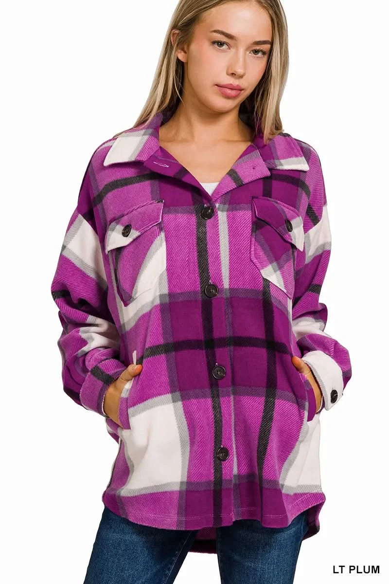 Zenana Oversized Plaid Fleece Shacket in LT PLUM - photo