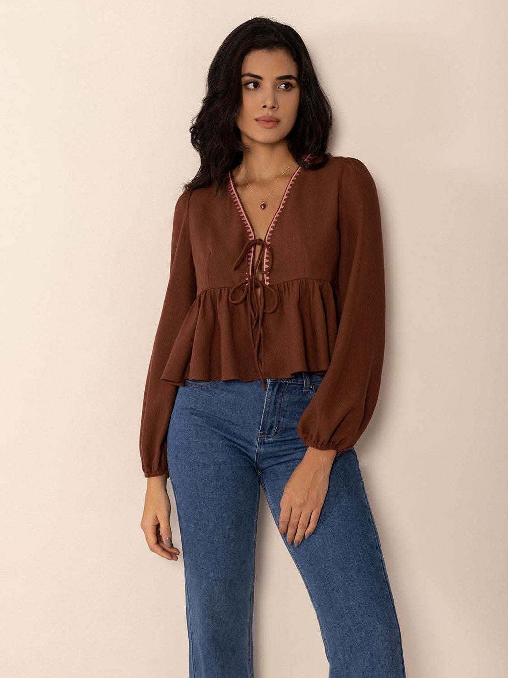 Peplum Tied V-Neck Long Sleeve Blouse - SwagglyLife Home & Fashion