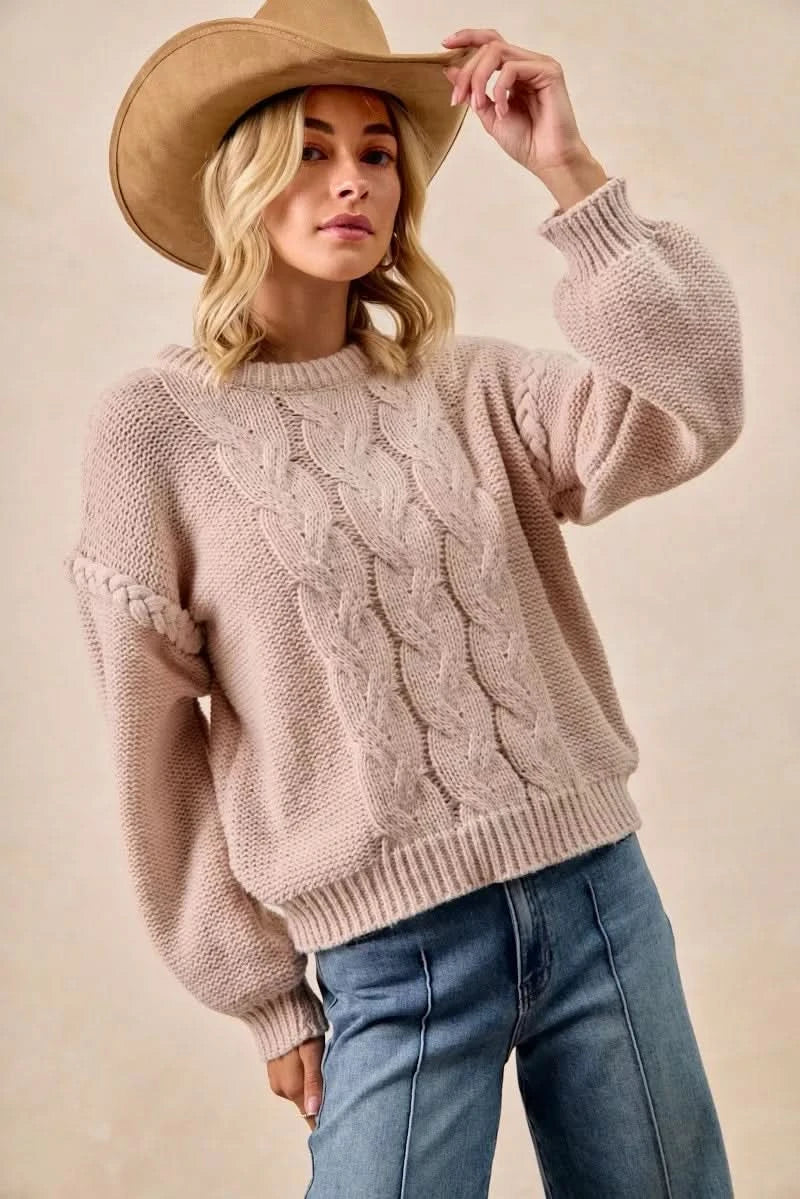 BiBi Cable Knit Sweater with Shoulder Braid Detail in - photo