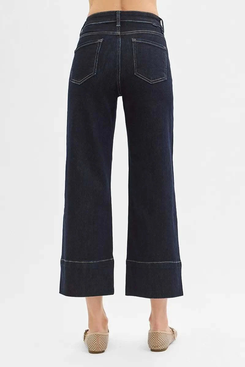 RISEN Tummy Control High Rise Crop Wide Seam Detailed Jeans in - photo
