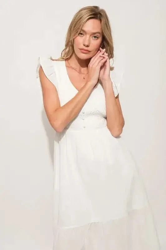 And The Why Ruffle Sleeve Front Smocked Tiered Midi Dress in - photo