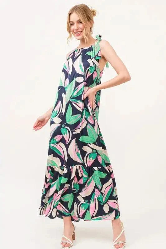 And The Why Botanical Printed Halterneck Tiered Maxi Dress in NAVY - photo