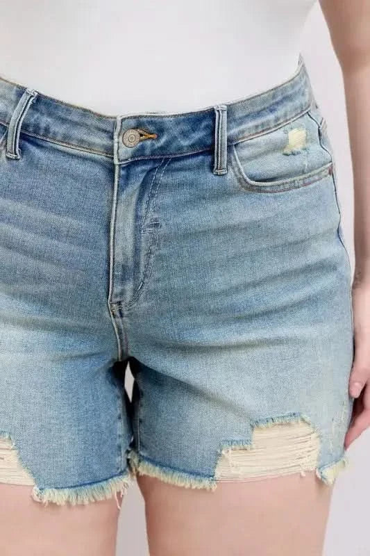 Judy Blue Plus Size High Rise Washed Fly Stitch Detail and Destroy Denim Shorts - SwagglyLife Home & Fashion