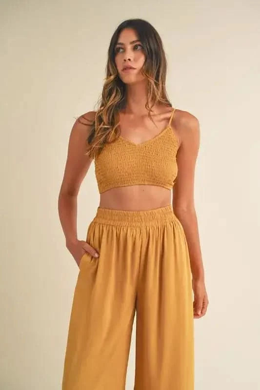 MABLE Smocked Bralette Crop Top and Wide Leg Pants Set - SwagglyLife Home & Fashion
