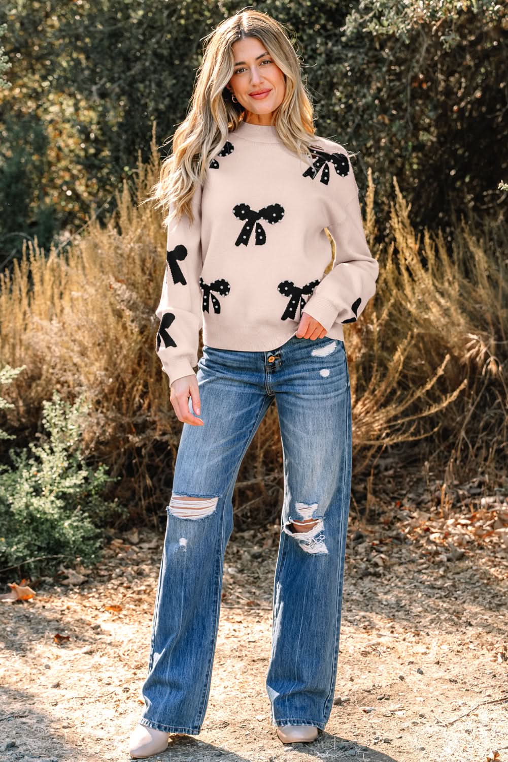 Eleanor Bow Pattern Loose Sweater in - Sweaters photo
