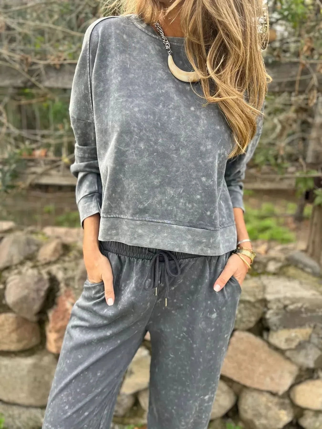 Full Size Washed Round Neck Top and Drawstring Pants Set Plus Size in - photo