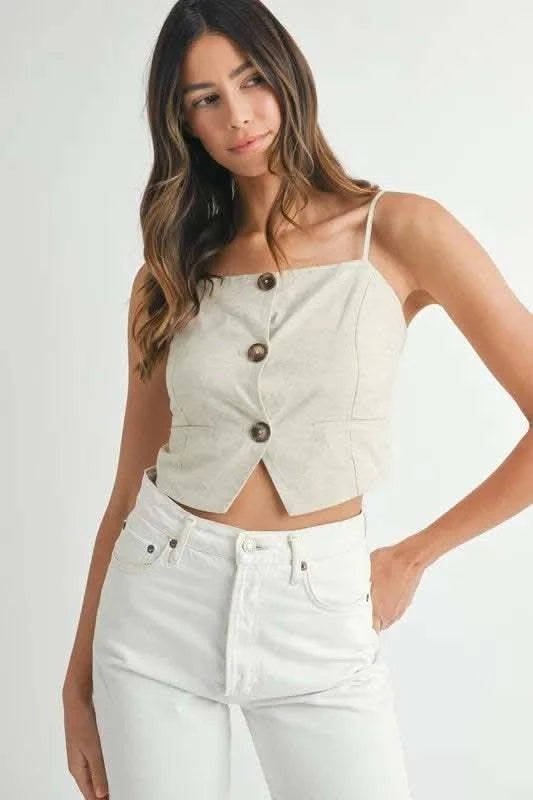 MABLE Linen Mix Button Down Tank Top - SwagglyLife Home & Fashion
