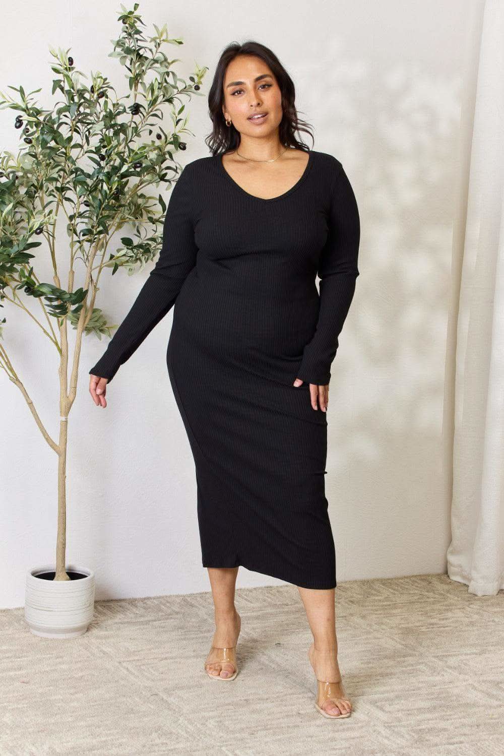 Culture Code Full Size Ribbed Long Sleeve Midi Slit Dress in - Maxi Dresses photo