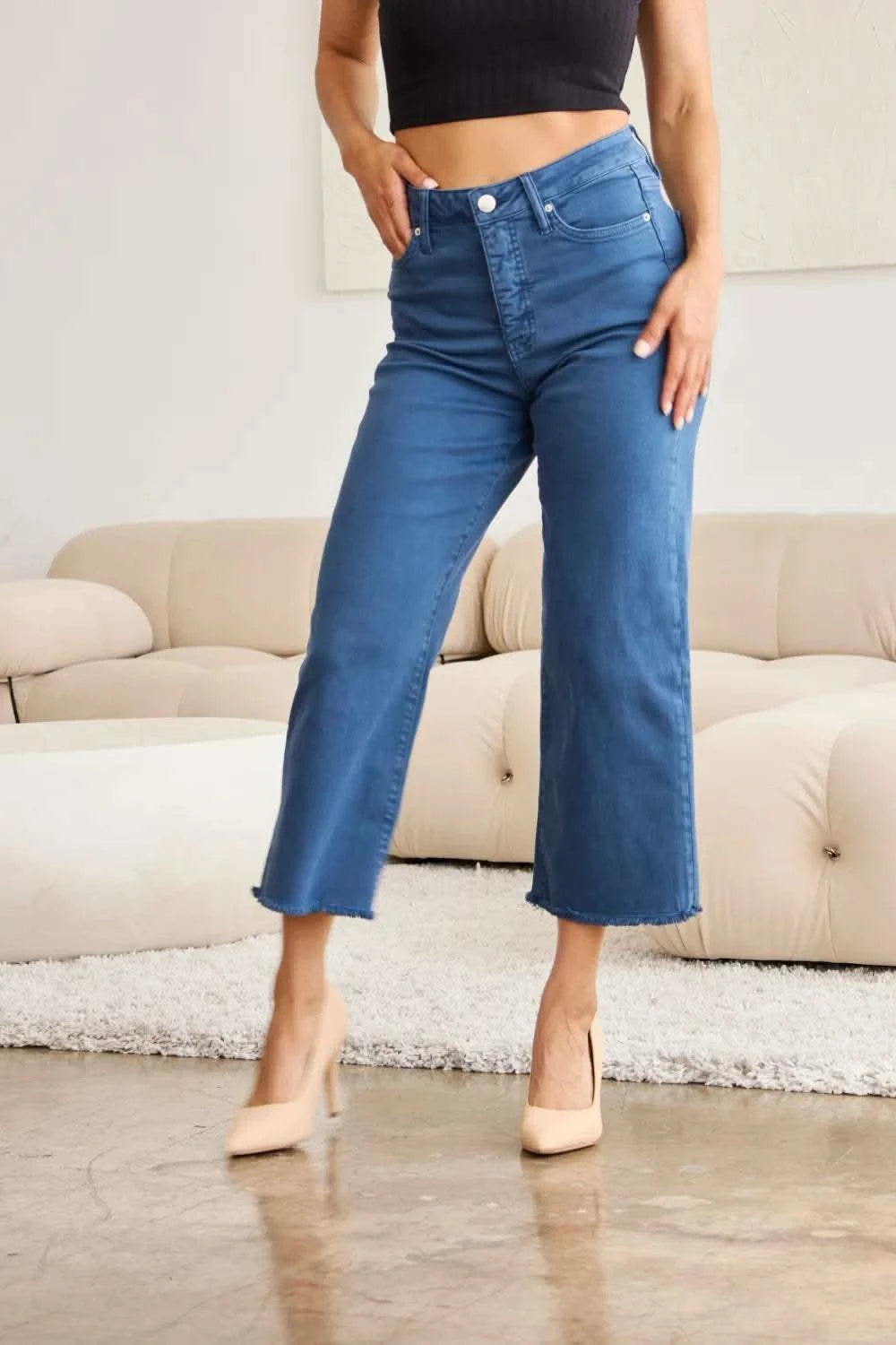 RFM Crop Chloe Full Size Tummy Control High Waist Raw Hem Jeans in - photo