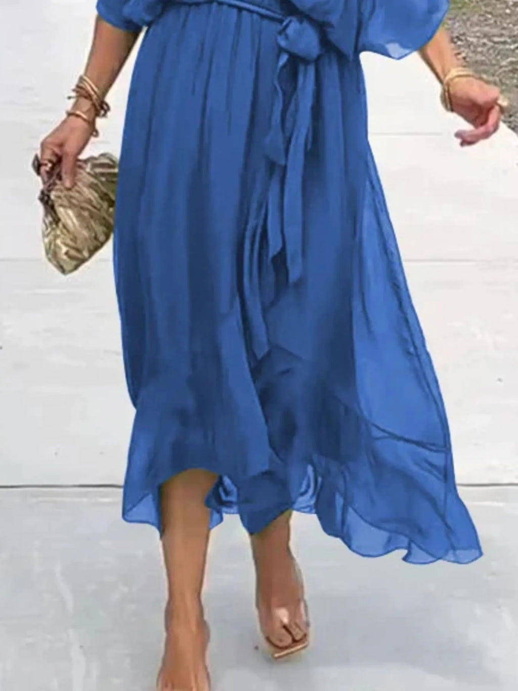 Flowy Tie Front Midi Dress with Flutter Sleeves in - photo