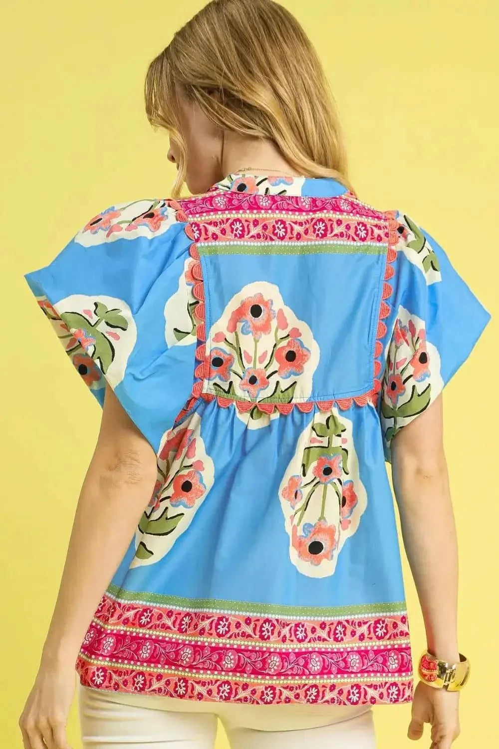 Umgee Floral Notched Puff Sleeve Blouse - SwagglyLife Home & Fashion