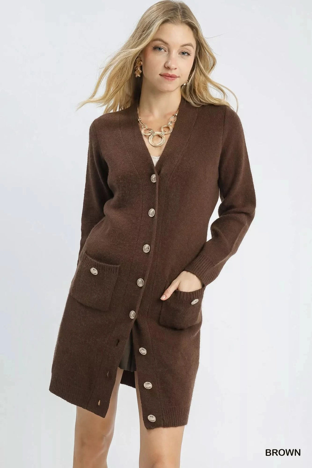 Umgee Button-Down Longline Sweater Cardigan with Front Pockets in Brown - photo