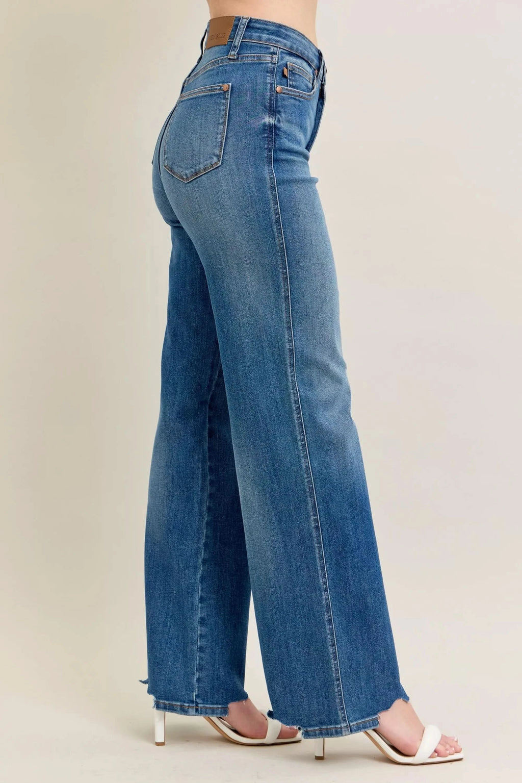 Judy Blue Full Size High Waist Tummy Control Chew Hem Destroy Wide Jeans Plus Size in - photo