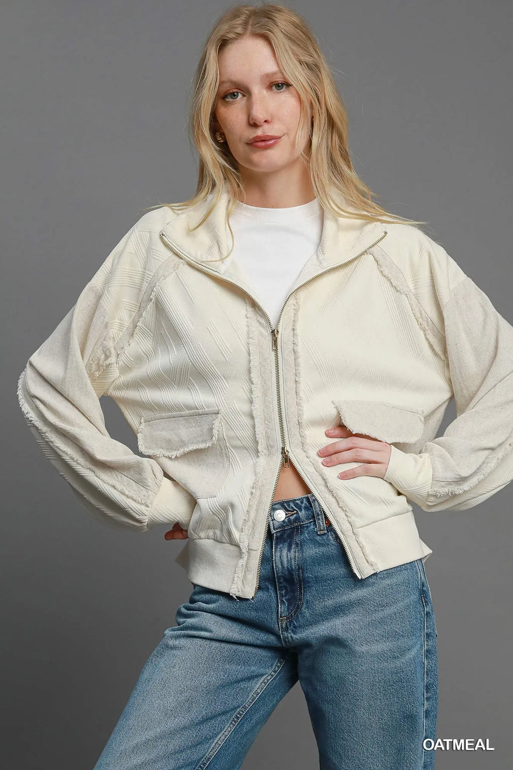Umgee Two-Way Jacquard Zip-Up Jacket in OATMEAL - photo