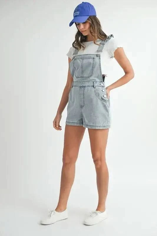 MABLE Square Neck Ruffle Shoulder Denim Overall Romper - SwagglyLife Home & Fashion