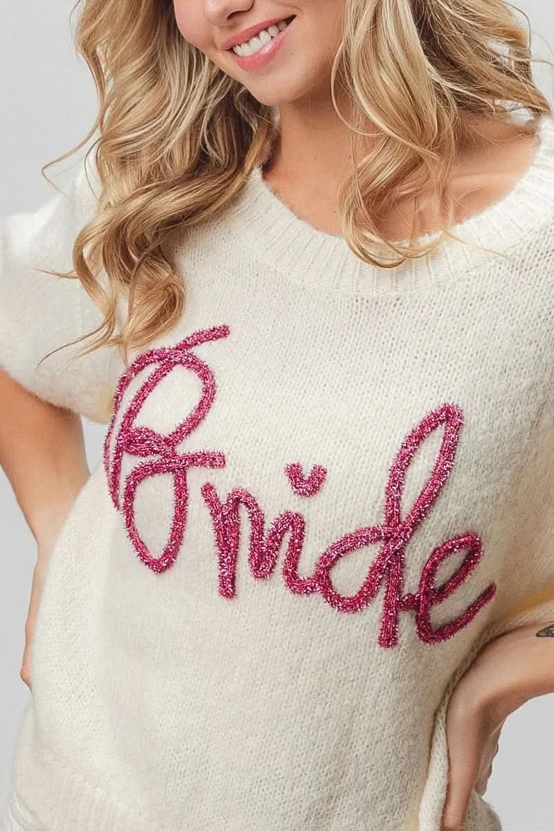 BiBi Metallic Letter Short Puff Sleeve Hairy Sweater in - photo
