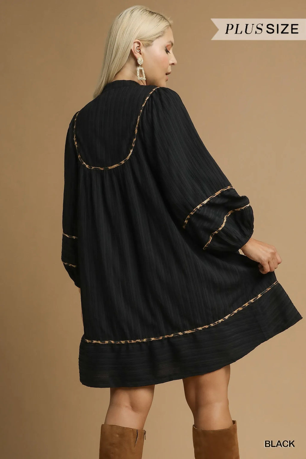 Umgee Full Size Textured Babydoll Dress with Leopard Trim Plus Size in - photo