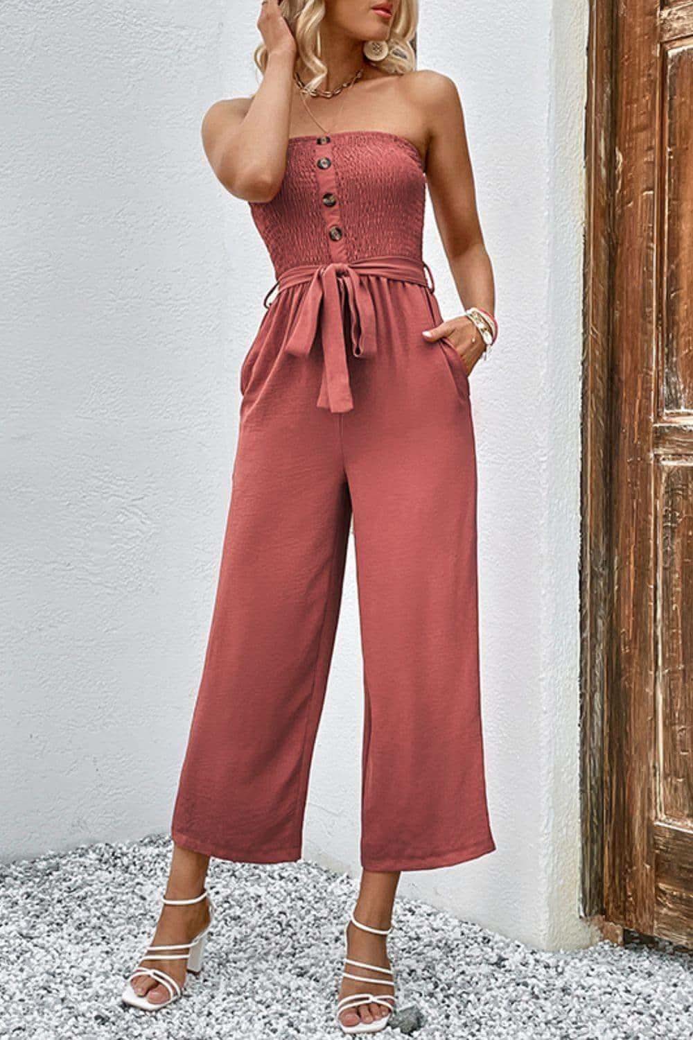 Decorative Button Strapless Smocked Jumpsuit with Pockets - SwagglyLife Home & Fashion Decorative Button Strapless Smocked Jumpsuit with Pockets - SwagglyLife Home & Fashion