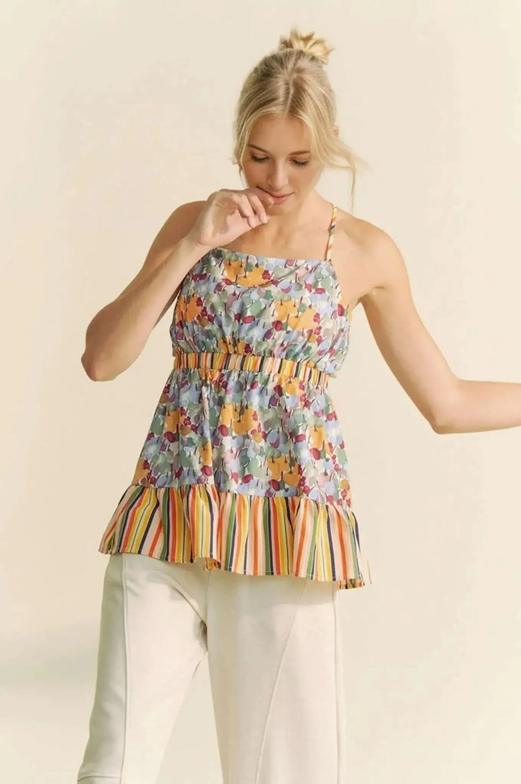 Davi & Dani Floral Smocked Sleeveless Ruffle Back Tie Top - SwagglyLife Home & Fashion