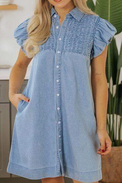 Smocked Collared Neck Cap Sleeve Denim Dress - SwagglyLife Home & Fashion