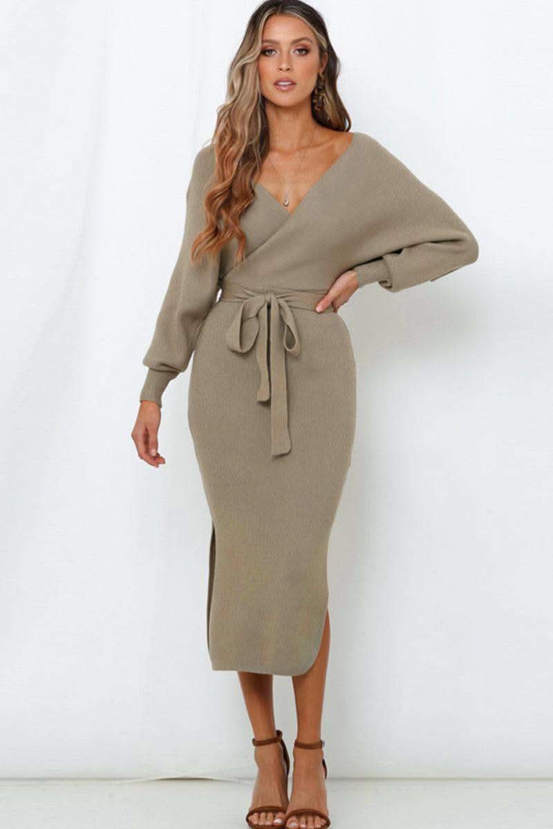 Surplice Neck Bow Waist Slit Sweater Dress in Khaki - Dresses photo